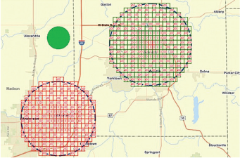 Map with two large grid circles, one red and one green.