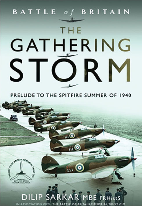 Book cover: "The Gathering Storm" by Dilip Sarkar, Spitfires lined on runway.