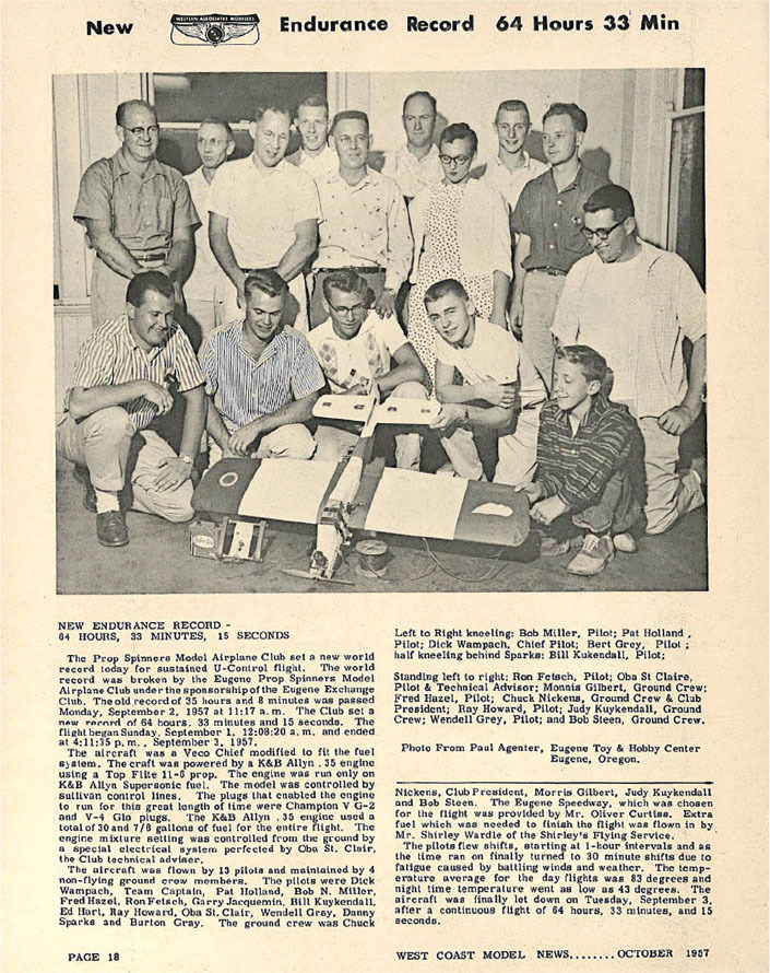 Group of people standing behind a model airplane with text about a new endurance record.