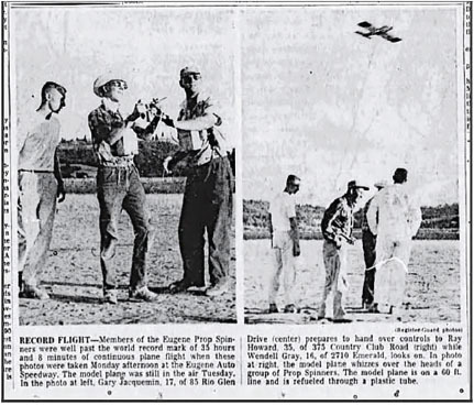 Two photos of men flying model airplanes at a speedway.
