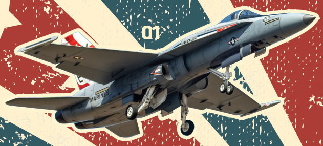 Fighter jet in flight, grunge background, text "MARINES" and "01" visible.