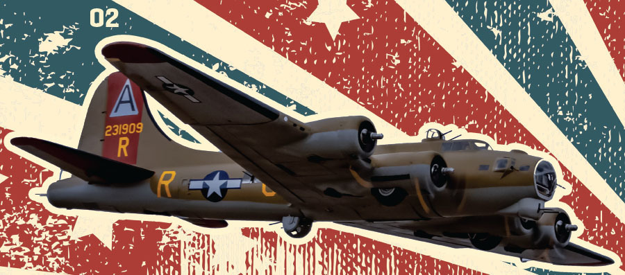 Wartime plane with star insignia on vintage red and cream background.