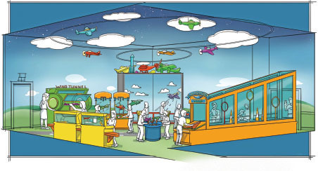 Colorful aviation-themed play area with people interacting and airplane decor.