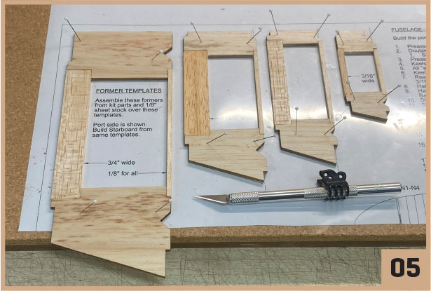 Wood templates on paper with text instructions; an X-Acto knife is nearby.