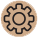 Cogwheel icon in brown and white.