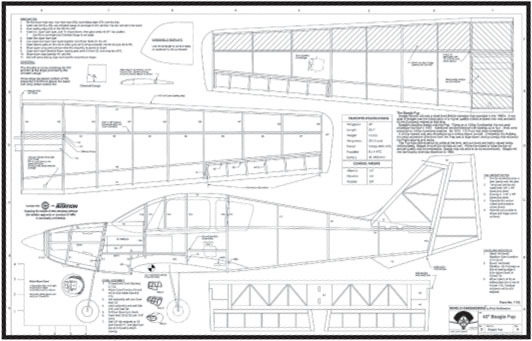 Technical blueprint of an RC airplane model with detailed measurements and text annotations.