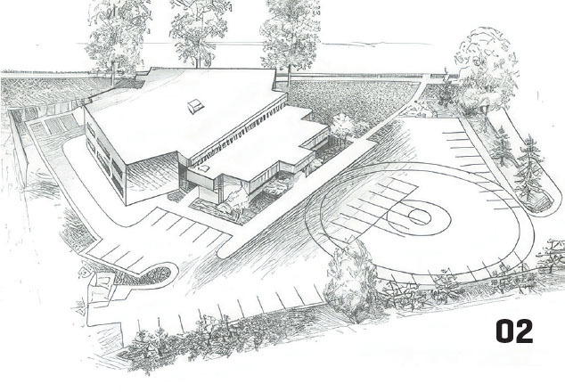 Black and white sketch of a building with parking lot and surrounding greenery, labeled "02".
