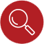 Magnifying glass icon on red circle background.