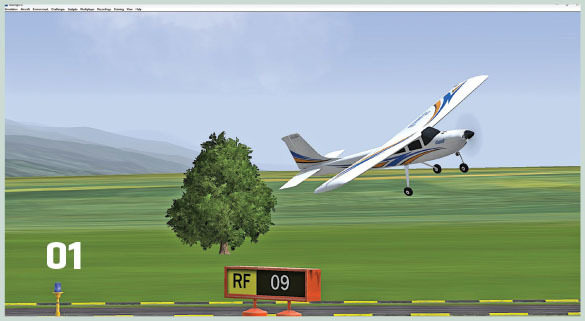 Small airplane taking off, tree in foreground, RF 09 sign.