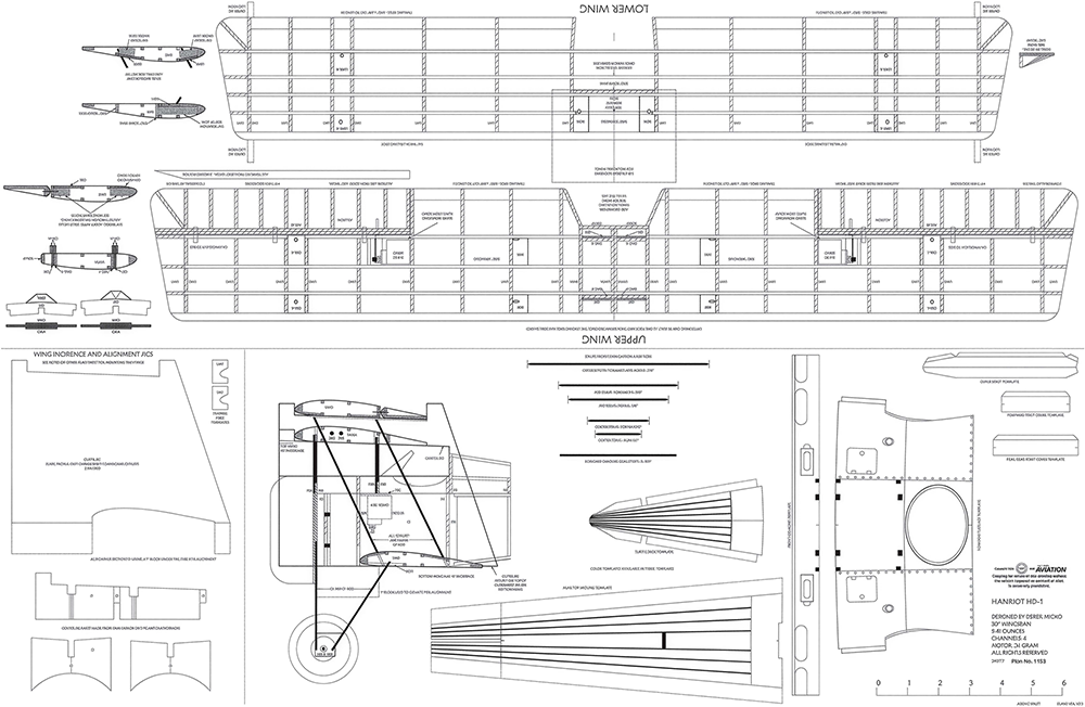 Aircraft blueprint showing detailed wing structures and alignment specifications.