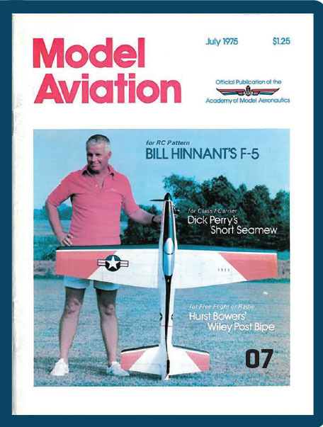 Model Aviation magazine cover, July 1975. Man with red and white model plane.