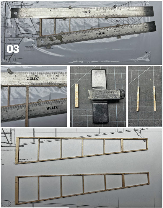 Rulers and wooden strips on a technical drawing, showing model construction steps.