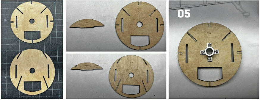 Wooden circular components with slots and a semicircular piece. Number "05" in top right.