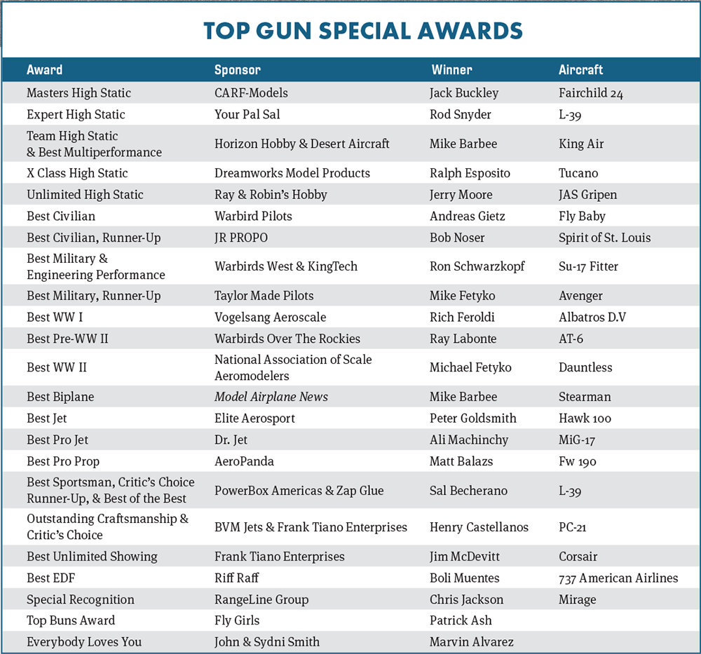 Top Gun Special Awards table listing award names, sponsors, winners, and aircraft.