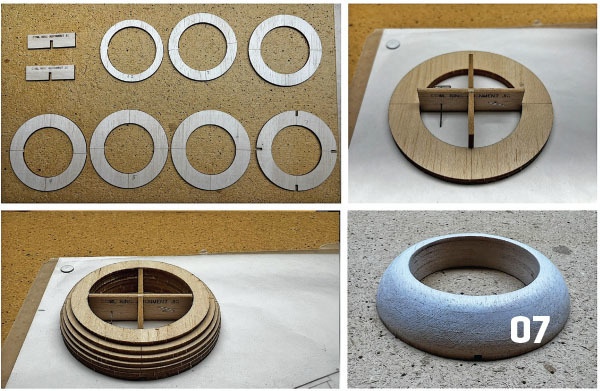 Four images show circular wooden pieces in various stages of assembly, labeled "07."