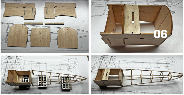 Wooden model airplane parts and assembly steps on blueprint.