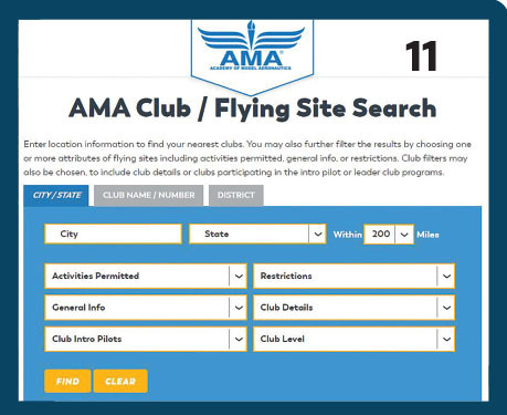 AMA Flying Site Search form with filters for city, state, and club details.