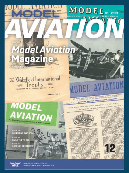 Magazine cover collage with vintage Model Aviation covers. Issue 12, May 2023.