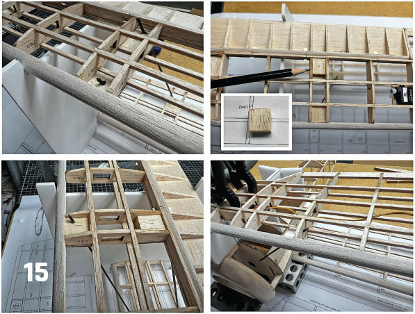 Wooden model airplane framework construction on a workbench, numbered 15.