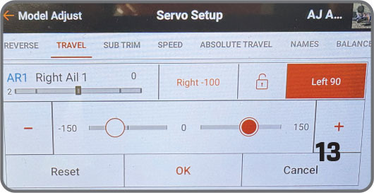 Servo setup screen showing travel settings with sliders and numeric values.