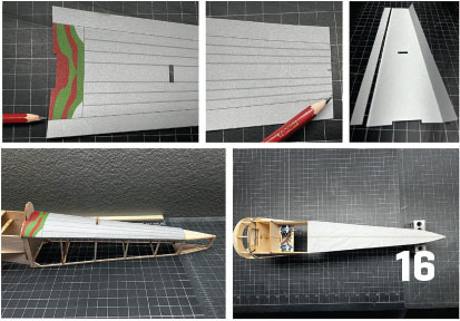 Model airplane assembly: parts, pencil detail, numbered step 16.