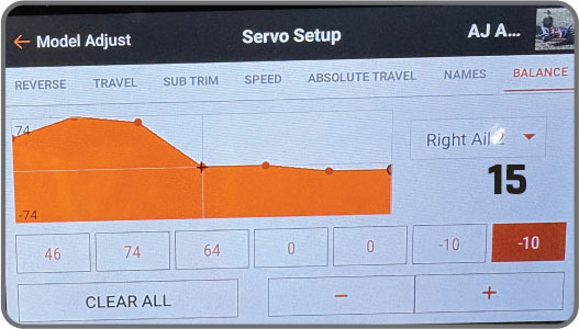 Servo setup screen showing orange balance graph and settings, number 15 displayed.