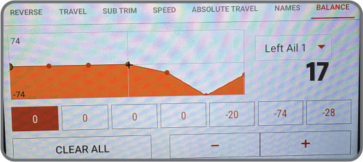 Balance adjustment screen showing graphs and settings, with "Left Ail 1" and value 17.