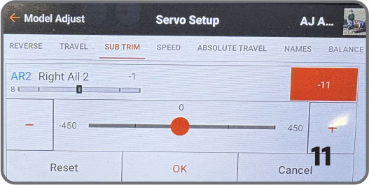 Servo setup screen showing sub trim at -11 for Right Ail-2.