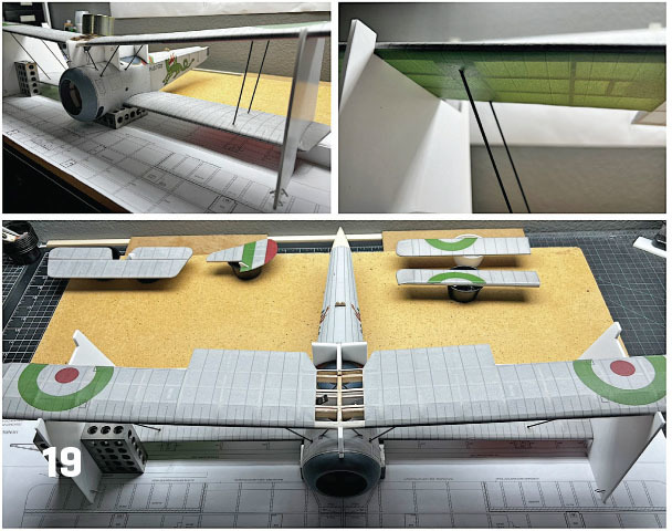 Model airplane assembly with focus on wings and fuselage details, marked "19".