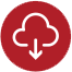 Download icon, white cloud with arrow, red circle background.