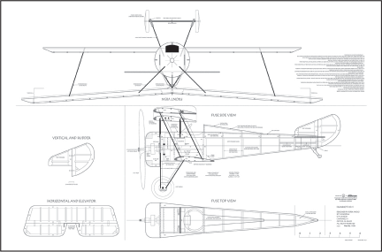 Detailed technical drawing of a biplane with multiple views and labeled parts.