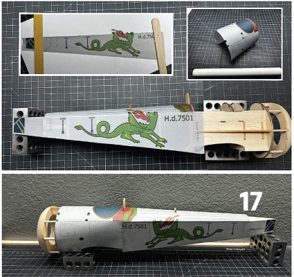 Model airplane fuselage with dragon design and "H.d.7501" text, viewed from different angles.