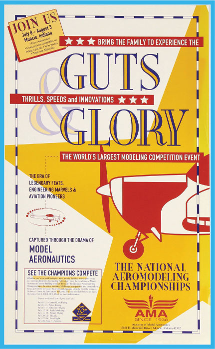 Guts and Glory poster, red airplane graphic, National Aeromodeling Championships text.