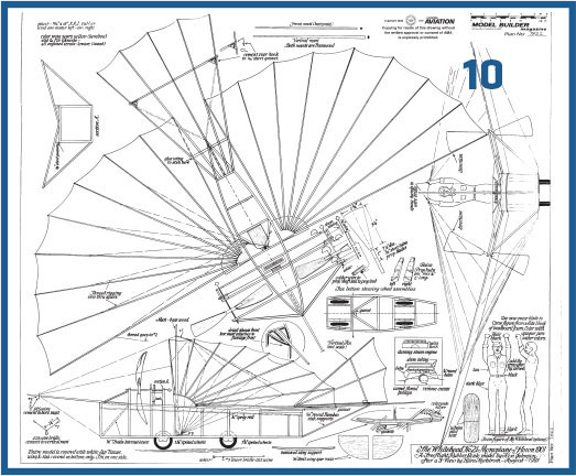 Ornithopter blueprint with labeled parts and measurements in black and white.