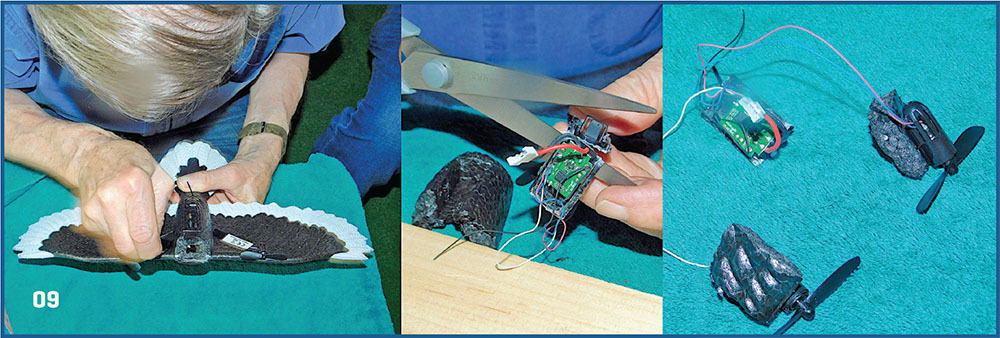 Three photos: person working on a bat model, cutting wires, and detached components on a table.