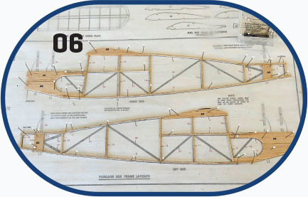 Blueprint of wooden frame with labeled parts, marked "06", on a white background.
