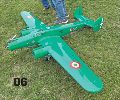 Green model airplane on grass, marked with number 06.