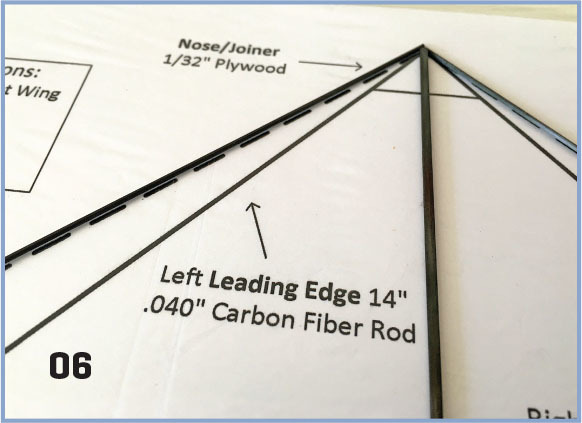 Diagram with instructions for assembling a carbon fiber rod onto plywood.