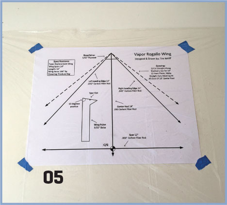 Vapor Rogallo Wing diagram taped to a wall, labeled with measurements and specifications.