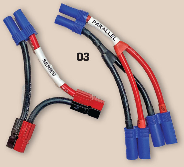 Series and parallel wiring cables with blue connectors on beige background.