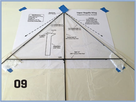 Kite building diagram with rods taped in place, labeled "Vapor Rogallo Wing," number 09.