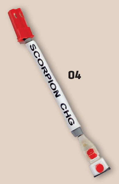 Red and white SCORPION CHG cable labeled "04" on beige background.