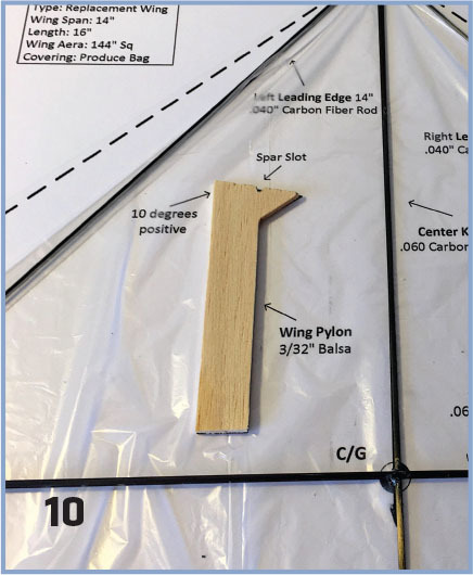 Wooden wing pylon layout on model plane diagram with text annotations.