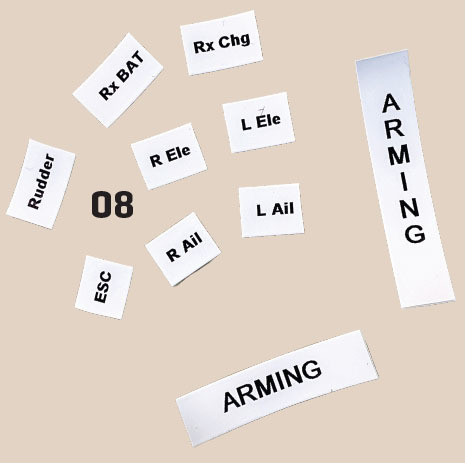 Labels with words: Rudder, ESC, R Ele, L Ele, Rx BAT, R Ail, L Ail, Rx Chg, ARMMING; and number 08.