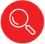 Magnifying glass icon on a red circle background.
