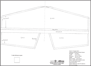 Blueprint sketch of a paper airplane labeled with dimensions in millimeters.