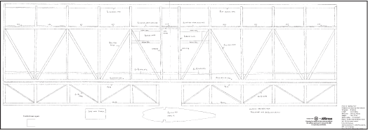 Architectural truss blueprint with labeled measurements and details.