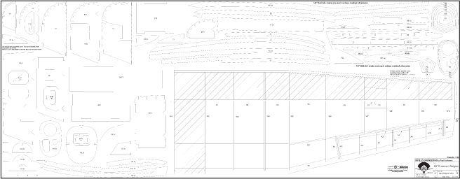 Blueprint with ship hull outlines, part numbers, and dimensions; detailed instructions included.