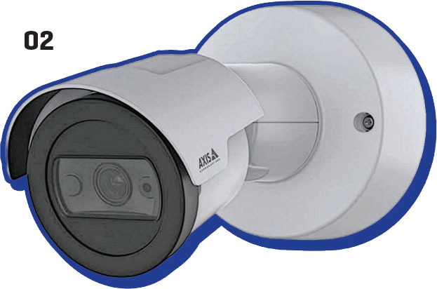 Security camera mounted on a wall, with "AXIS" logo visible.