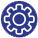 White gear icon on a blue circular background.